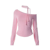 Oblique Shoulder Long Sleeve Blouse